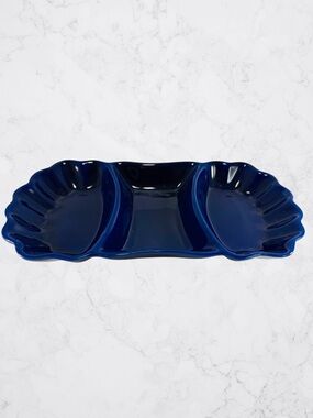 Vintage Cobalt Blue Glazed Pottery Relish Dish Serving Tray 3 Sections Vegetable